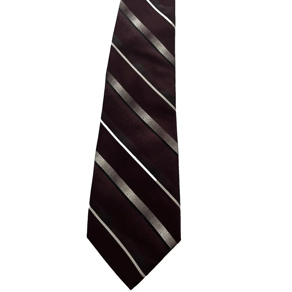 Pierre Cardin Tie Burgundy Purple Silver Diagonal Stripes length 58” 100% Silk